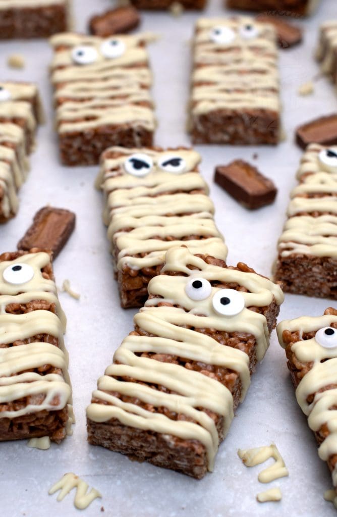 Mummy Mars Bar Cakes from Baking with Granny. A Halloween twist on the traditional Scottish tray bake.
